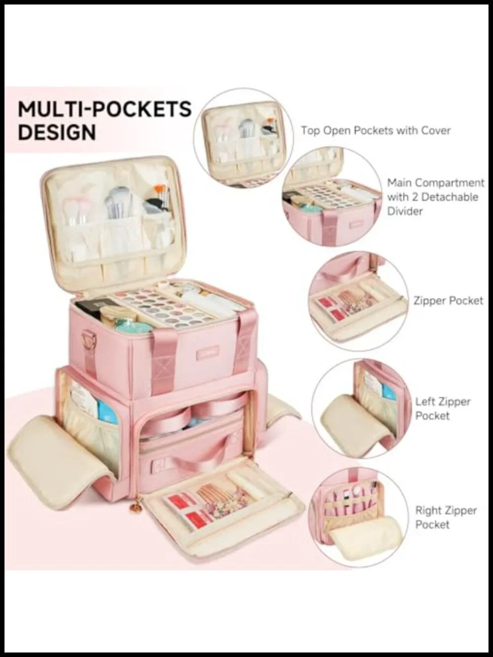 Extra Large Makeup Bag with 3 Detachable Pouches and Dividers